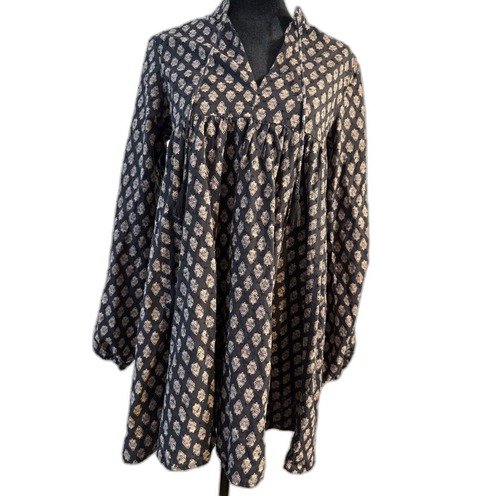 H&M Navy Block Print Tunic Mini Dress — Long Sleeve, V-Neck